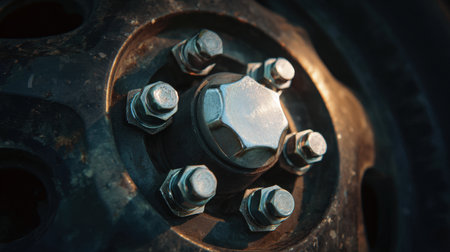 Close-up image showcasing a car wheel nut and bolt arrangement, emphasizing the textures of metal and light reflection, ideal for automotive and mechanic themes.の素材