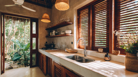 A serene kitchen featuring natural sunlight, wooden elements, and lush greenery, perfect for creating a warm and inviting atmosphere in a tropical environment.の素材