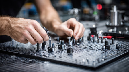 An experienced technician skillfully assembles metal components on a workbench, highlighting precision and craftsmanship in modern manufacturing processes.の素材