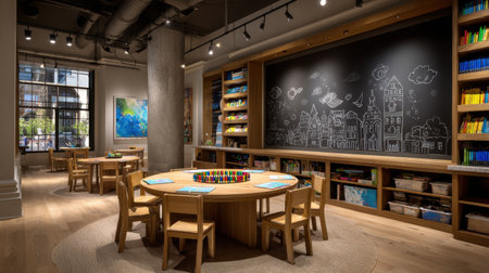 Bright and inviting learning space designed for creativity and collaboration, featuring a round table and colorful resources against a backdrop of inspiring chalkboard art.の素材