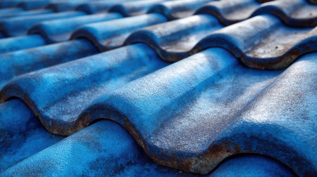 Discover the intricacies of a blue roof tile's texture, showcasing weathered patterns under sunlight, perfect for architectural and home improvement projects.の素材
