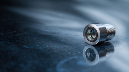 A striking close-up image of a silver metal connector set against a glossy surface, showcasing intricate details and reflections, perfect for technology themes.の素材