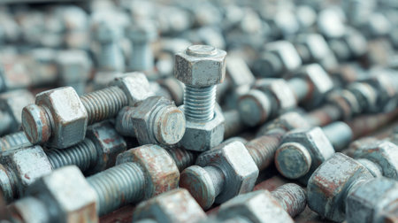 An intricate composition of various steel bolts and nuts, showcasing their metallic surfaces and rugged textures, perfect for industrial and mechanical themes.の素材