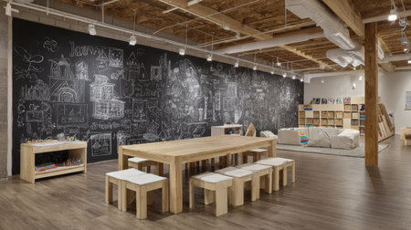 A spacious and modern creative workspace featuring a large chalkboard wall and wooden furniture, designed for collaboration, learning, and artistic expression in a bright environment.の素材