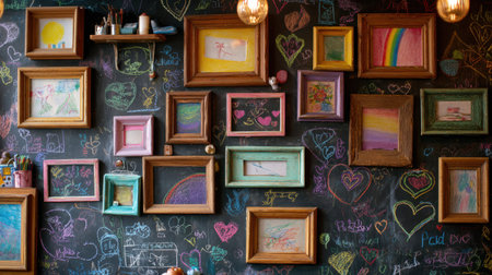 A vibrant chalkboard wall filled with framed children's artworks, showcasing creativity and imagination through colorful drawings and playful designs. Perfect for a cozy space.の素材
