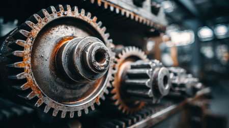 This image captures a close-up view of industrial gears, showcasing rusty metal surfaces and intricate details in a dimly lit, abandoned factory environment.の素材