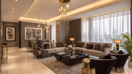 This modern living room features a blend of elegant decor, stylish furniture, and warm lighting, creating a bright and inviting space with stunning city views.の素材