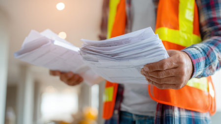 A construction worker in a bright safety vest organizes stacks of documents in an indoor setting, showcasing attention to detail and professionalism in the construction industry.の素材