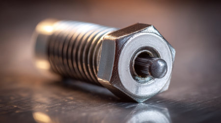 A close-up view of a metallic bolt featuring detailed threads and a polished surface, perfect for showcasing mechanical elements or industrial craftsmanship in various contexts.の素材
