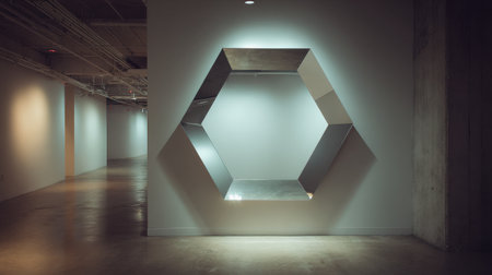 A striking hexagonal mirror installation enhances the minimalist aesthetic in a spacious modern gallery, creating an inviting ambiance for art enthusiasts and visitors.の素材
