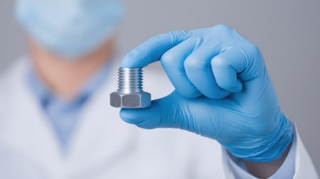 A dedicated lab technician in a protective mask and gloves presents a metallic fastener, highlighting the importance of safety and precision in industrial and scientific environments.の素材