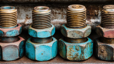 This image features an assortment of rusty and weathered metal nuts and bolts showcasing a variety of textures and colors against an industrial backdrop.の素材