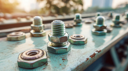 A detailed close-up of metallic nuts and bolts on industrial equipment showcases intricate threads and surfaces, set against a softly blurred background.の素材