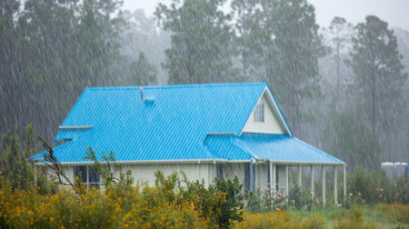 Captivating view of a house beneath heavy rain, showcasing a vibrant blue roof and surrounding greenery, reflecting the beauty and tranquility of rural life amidst weather elements.の素材