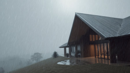 A stunning modern house stands resilient in a heavy rainstorm, beautifully contrasted against a moody landscape, emphasizing harmony with nature and architectural innovation.の素材