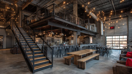 A stylish and inviting industrial cafe featuring a spacious open layout, rustic wooden seating, and warm ambient lighting, perfect for social activities and creative work.の素材