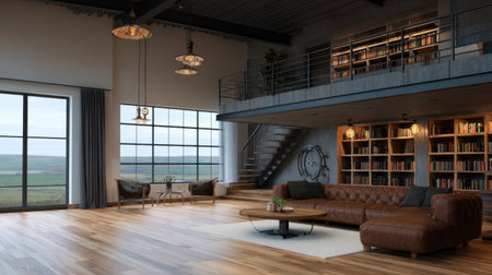 Experience a chic and inviting industrial living room with large windows, warm wooden floors, and a cozy atmosphere, perfect for modern living and relaxation.の素材