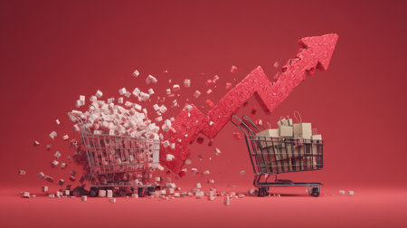Conceptual image illustrating e-commerce growth with shopping carts overflowing with items against a red backdrop and an upward graph, symbolizing market success.の素材