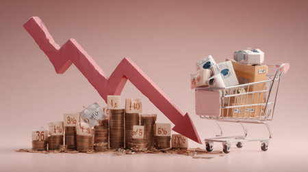 This image illustrates the impact of economic decline, showcasing a shopping cart filled with products next to falling currency and rising coins, representing inflation and market challenges.の素材