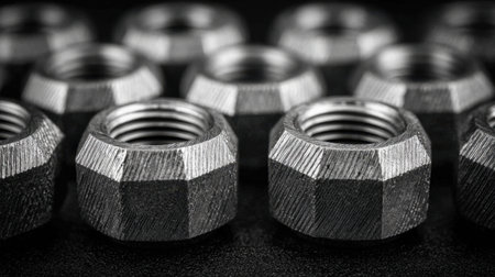 This high-quality image features metallic nuts arranged in a precise formation on a dark background, highlighting the intricate details and textures suitable for industrial and mechanical applications.の素材