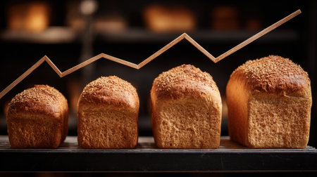 Freshly baked loaves of bread arranged with a rising graph line, representing growth in the bakery industry and success in food demand. A delicious symbol of achievement.の素材