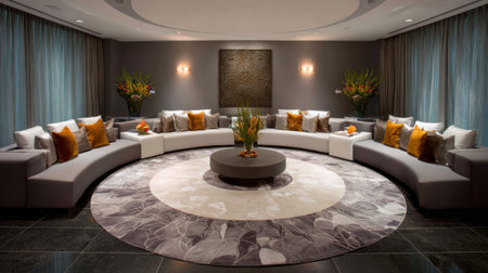 A stunning lounge area designed with circular seating and stylish decor featuring flowers, ambient lighting, and contemporary details for a welcoming atmosphere.の素材