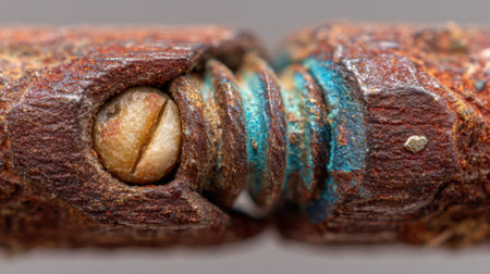 This stunning macro photograph captures the intricate details of rusty metal components, showcasing textures, corrosion, and rich color variations, perfect for abstract art or industrial themes.の素材
