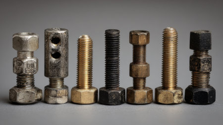 A collection of various metal fasteners showcasing unique designs and finishes, ideal for industrial and construction applications, presented in a professional studio setting.の素材