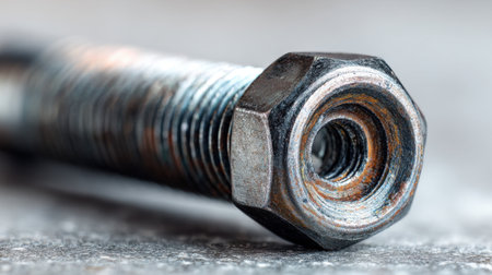 A detailed macro photograph of a rusty steel bolt showcasing intricate threads and texture against a gray surface, perfect for industrial and engineering themes.の素材