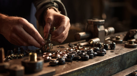 Skilled hands meticulously assemble metal components in a workshop, showcasing precision and craftsmanship amidst various tools and hardware on a wooden workbench.の素材