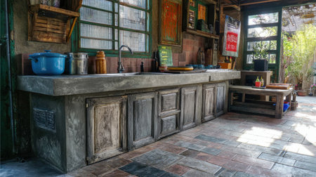 This rustic kitchen features a vintage design with an inviting atmosphere. Abundant natural light and wooden shelves enhance the cozy, open workspace, perfect for cooking and dining.の素材