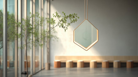 A stylish interior featuring a unique hexagonal hanging mirror and a single plant, illuminated by gentle natural light, creating a peaceful and inviting space.の素材