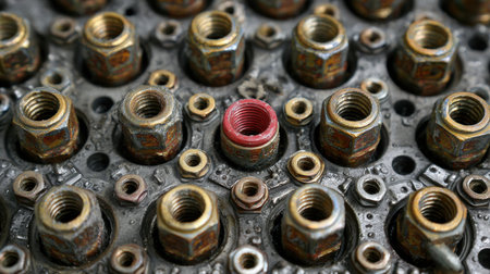 A striking close-up showcasing an array of metallic nuts and bolts, featuring a unique color contrast with a red element surrounded by rustic textures, ideal for industrial themes.の素材