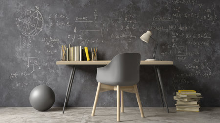 A stylish modern workspace featuring a gray chair, a wooden desk lamp, and a wall covered with mathematical equations, ideal for students, professionals, or creative thinkers.の素材