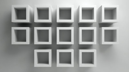 This image showcases a meticulous arrangement of white cubes casting delicate shadows on a gray backdrop, embodying a modern and minimalistic aesthetic perfect for various design projects.の素材