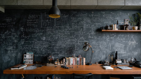 A modern workspace featuring a chalkboard wall filled with complex equations and notes, creating an inspiring environment for creativity and productivity in an artistic home office.の素材