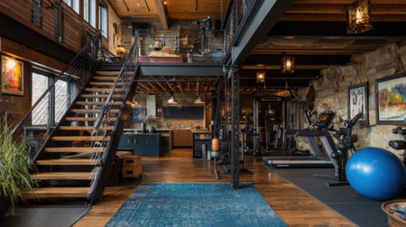 Explore a modern home gym with an open layout showcasing workout equipment, stylish decor, and a beautiful staircase, perfect for fitness enthusiasts seeking inspiration.の素材