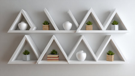 A stylish triangular shelf showcases white vases and small green plants, creating a contemporary and minimalist decor perfect for any modern interior space.の素材