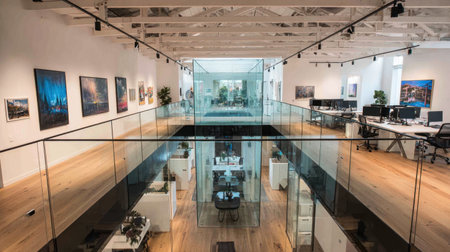 A modern office space showcasing a blend of creativity and professionalism, equipped with artwork and natural light, ideal for inspiring teamwork and innovation.の素材