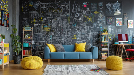 A modern living room featuring a blue sofa adorned with yellow cushions, vibrant accents, and a chalkboard wall filled with creative drawings, perfect for inspiration and relaxation.の素材