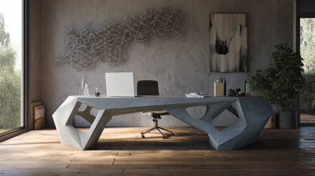 A modern office setting featuring a unique concrete desk and stylish chair, complemented by minimalist decor, natural light, and contemporary art for an inspiring work environment.の素材