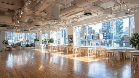 A bright and spacious modern event space featuring large windows that provide stunning views of the urban cityscape, perfect for workshops, gatherings, and creative events in a contemporary setting.の素材