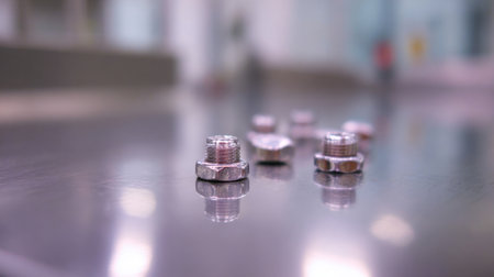 A close-up view of metallic fasteners resting on a polished steel surface in a modern workshop, showcasing intricate details and reflections, ideal for industrial-themed projects.の素材