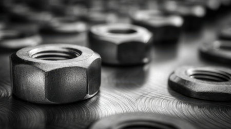 A detailed close-up of metal nuts arranged on a textured surface, highlighting the intricacies of industrial hardware for themes in engineering and manufacturing industries.の素材