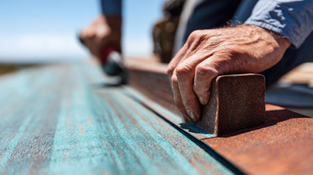 A detailed view of hands skillfully managing a hand tool on a vibrant wooden surface, highlighting the artistry and dedication involved in the woodworking process outdoors.の素材