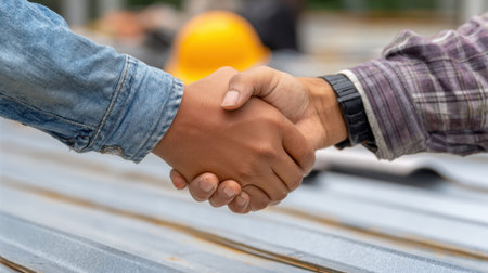 A close-up of a handshake between two individuals symbolizes agreement and collaboration in a professional construction environment, showcasing teamwork and trust.の素材