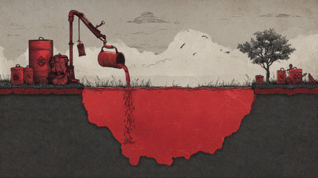 This striking illustration depicts oil extraction's environmental consequences, emphasizing the red liquid flow contrasted with industrial machinery and nature.の素材