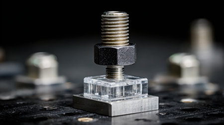 Detailed image of a metal fastener, featuring a bolt with a nut and a clear acrylic base, captured on an industrial surface showcasing precision engineering elements.の素材