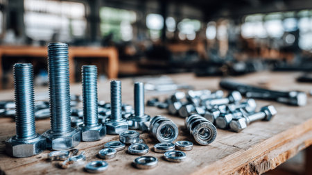 A detailed close-up of various metal fasteners including bolts, nuts, and washers arranged on a wooden workshop table, capturing the essence of industrial craftsmanship and tool utilization.の素材
