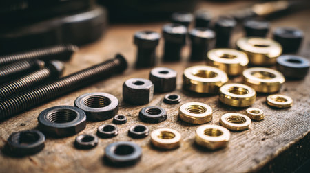 A close-up view of a diverse assortment of nuts, bolts, and washers arranged on a wooden surface, ideal for industrial, engineering, or DIY project imagery.の素材